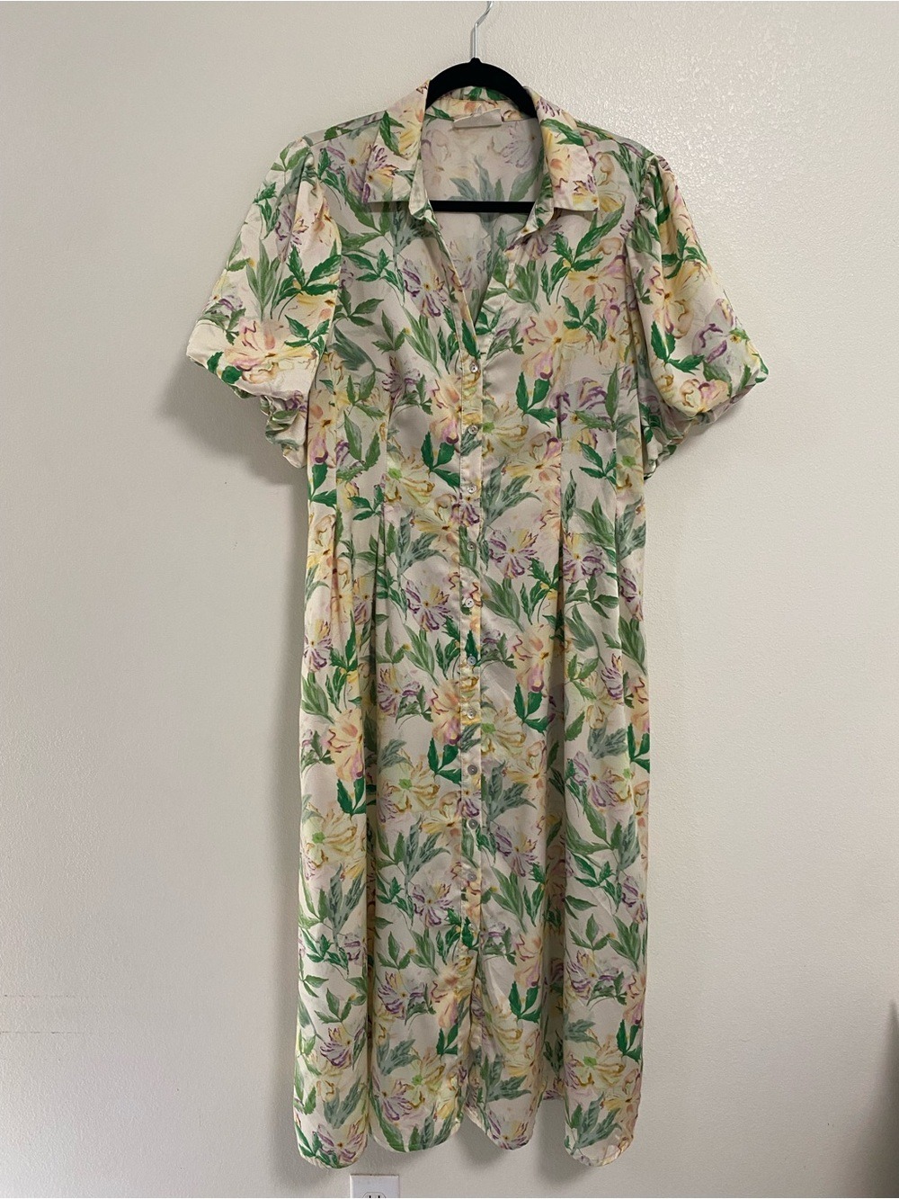 Melloday Dress Women's Size XL  Floral Button-Front Shirt Dress - Puff Sleeves
